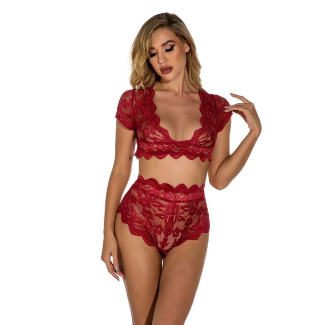 OOVOV Lingerie Set for Women High Waist Allover Lace Bodysuit V Neck Lingerie Two Piece Sexy Bra and Panties Set