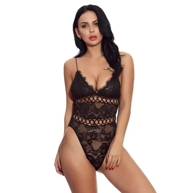 OOVOV Hollow Lingerie V-Neck Floral Lace Babydoll Sexy Lingerie for Women One Piece Sling Teddy Bodysuit