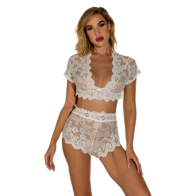 OOVOV Lingerie Set for Women High Waist Allover Lace Bodysuit V Neck Lingerie Two Piece Sexy Bra and Panties Set