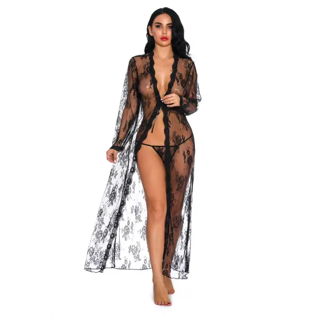 OOVOV Sexy Lace Robe for Women Long Lace Lingerie Robe Sheer Babydoll Nightgown Nightdress