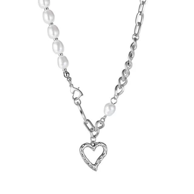 OOVOV Pearl Necklaces for Women Stainless Steel Punk Pearl Necklace Cubic Zirconia Heart Pendant Necklace Jewelry for Women