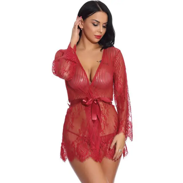 OOVOV Women Sexy Lingerie Robe Lace Bathrobes Sexy Nightgowns Babydoll Stripe V-Neck Nighty Sleepwear Satin Tie up