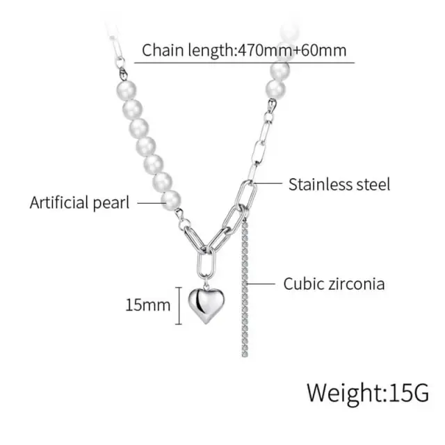 OOVOV Pearl Necklaces for Women Stainless Steel Punk Pearl Necklace Cubic Zirconia Heart Pendant Necklace Jewelry for Women