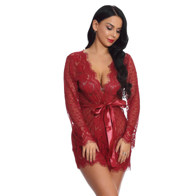 OOVOV Sexy Lingerie Robe For Women Long Sleeve Sheer Lace Bathrobes Sleepwear Babydoll Nightgowns