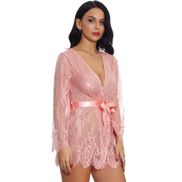 OOVOV Women Sexy Lingerie Robe Lace Bathrobes Sexy Nightgowns Babydoll Stripe V-Neck Nighty Sleepwear Satin Tie up