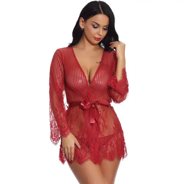 OOVOV Women Sexy Lingerie Robe Lace Bathrobes Sexy Nightgowns Babydoll Stripe V-Neck Nighty Sleepwear Satin Tie up