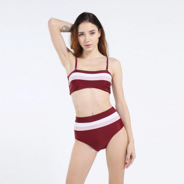 OOVOV Two Piece High Waisted Bikini For Womens,Stripe Printing Halter Bathing Suits Triangle Swim Bottoms Swimsuits