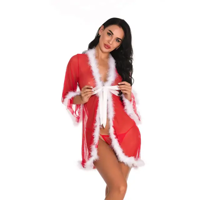 Women Christmas Lingerie Set Red Sexy Babydoll Long-sleeve Robe