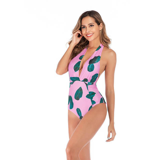 OOVOV Triangle One-piece Swimsuit For Women,Sexy Deep V-neck Halter Bathing Suit Tummy Control Printed Swimwear