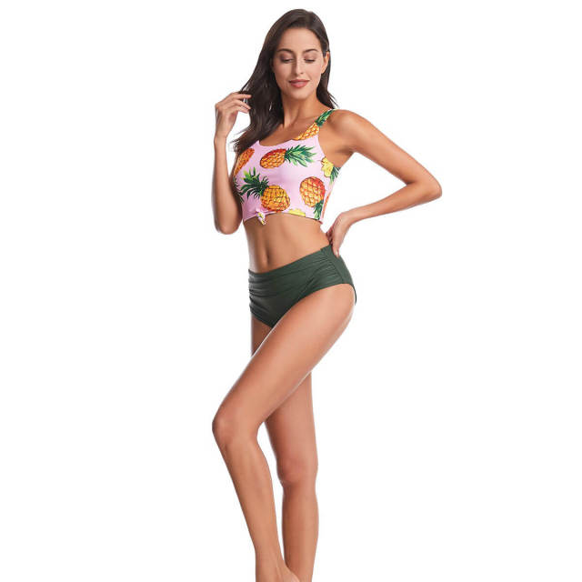 OOVOV Two Piece Womens Bathing Suits Triangle Swim Bottoms Pineapple Printed Halter High Waisted Bikini Swimsuits