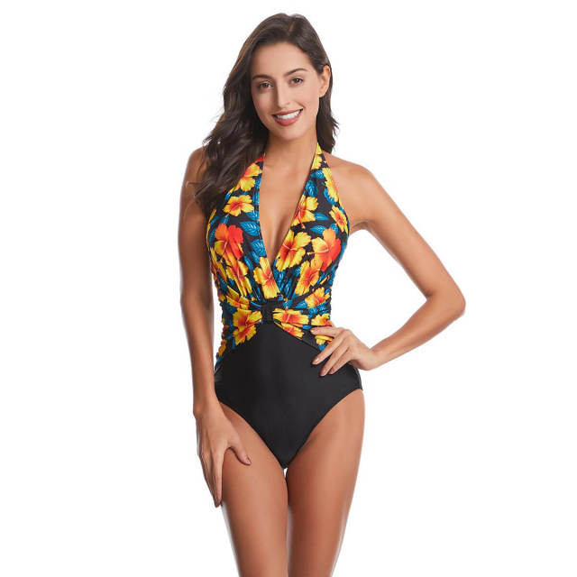 OOVOV Women One Piece Swimsuits V Neck Halter Bathing Suits Tummy Control Swimsuit Ruched Swimwear