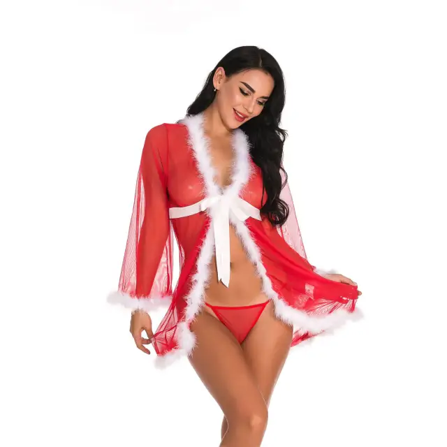 Women Christmas Lingerie Set Red Sexy Babydoll Long-sleeve Robe