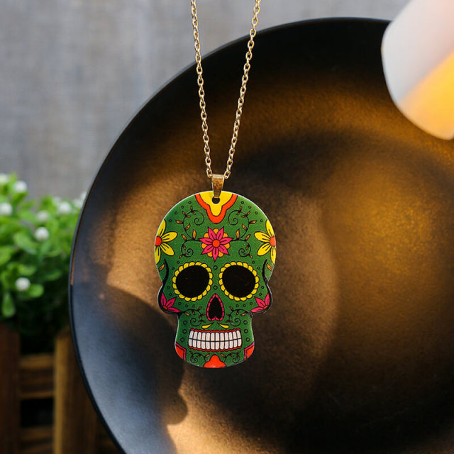 OOVOV Halloween Necklace Acrylic Print Skull Dangle Necklace Floral Skull Necklace Fashion Jewelry For Women Men