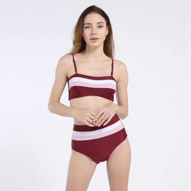 OOVOV Two Piece High Waisted Bikini For Womens,Stripe Printing Halter Bathing Suits Triangle Swim Bottoms Swimsuits