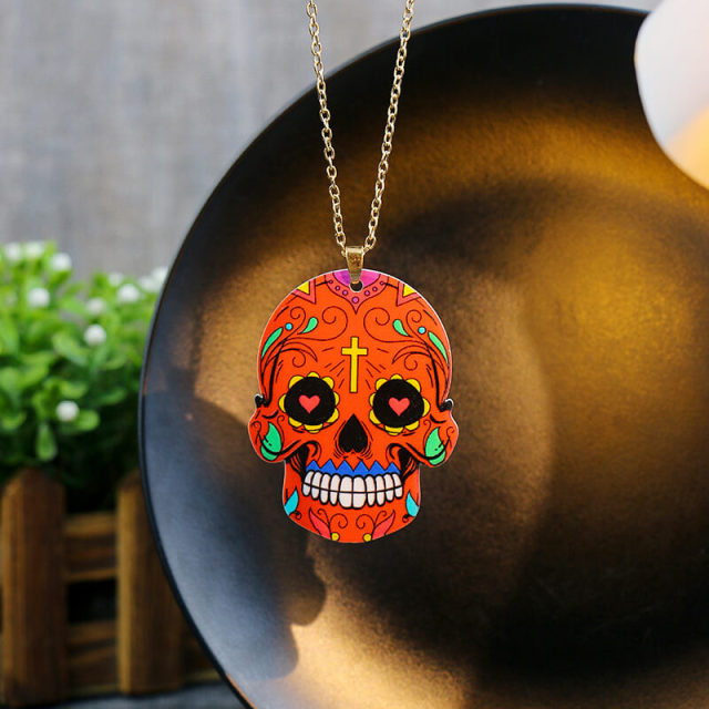 OOVOV Halloween Necklace Acrylic Print Skull Dangle Necklace Floral Skull Necklace Fashion Jewelry For Women Men