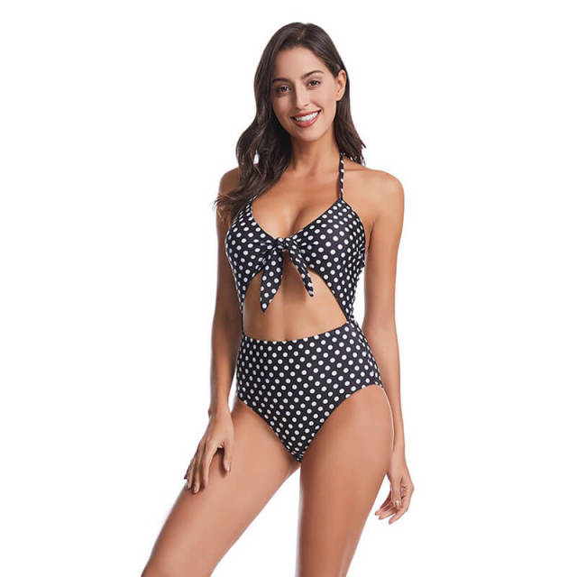 OOVOV Women's Polka Dot Printing Halter Cutout High Waist One Piece Swimsuit Tie Knot Front Bathing Suits