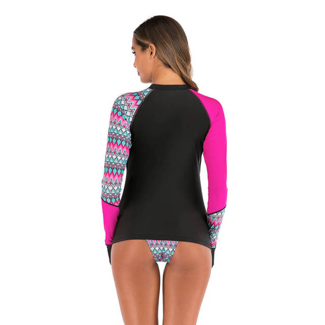 OOVOV Women's Printing Long Sleeve Rash Guard Shirts Stretch Athletic Swimsuit With Tie Up Bikini Bottom