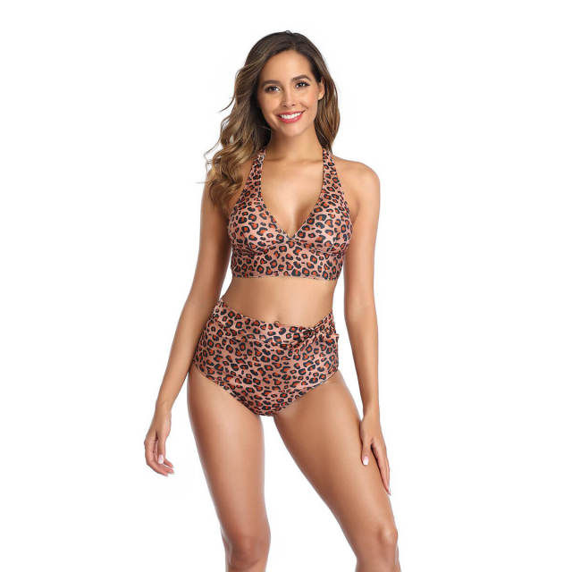 OOVOV Womens High Waisted Swimsuit Tie Up Bikini Top Wrap Leopard Print Swimwear Two Piece Bathing Suits