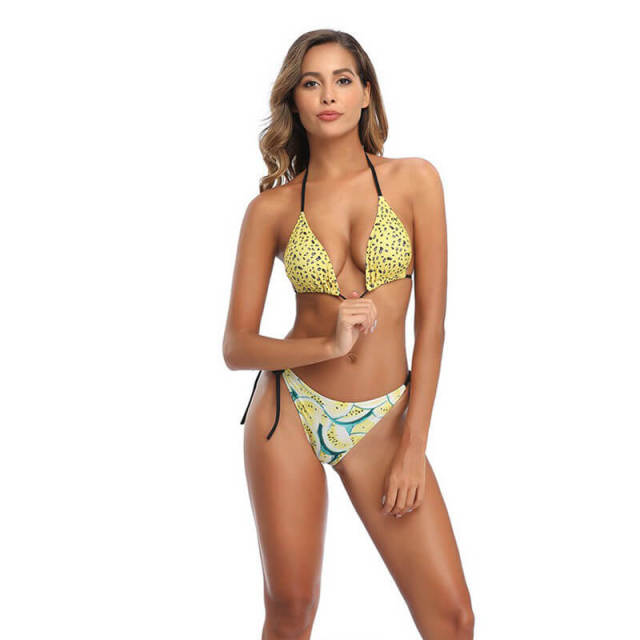 OOVOV Women's Tie Side Bottom Padded Top Triangle Bikini Bathing Suit Sexy Printed Tie Up Swimsuit