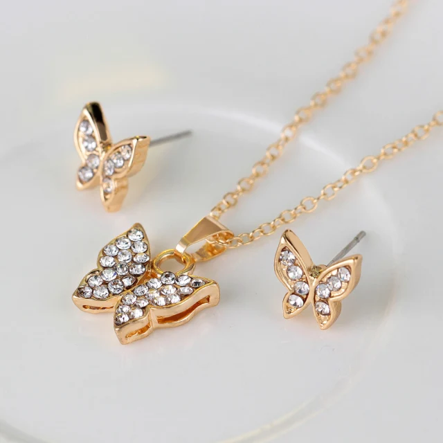 OOVOV Diamond Butterfly Jewelry Set For Women Necklace Earrings Ring Bracelet 4 PC Set