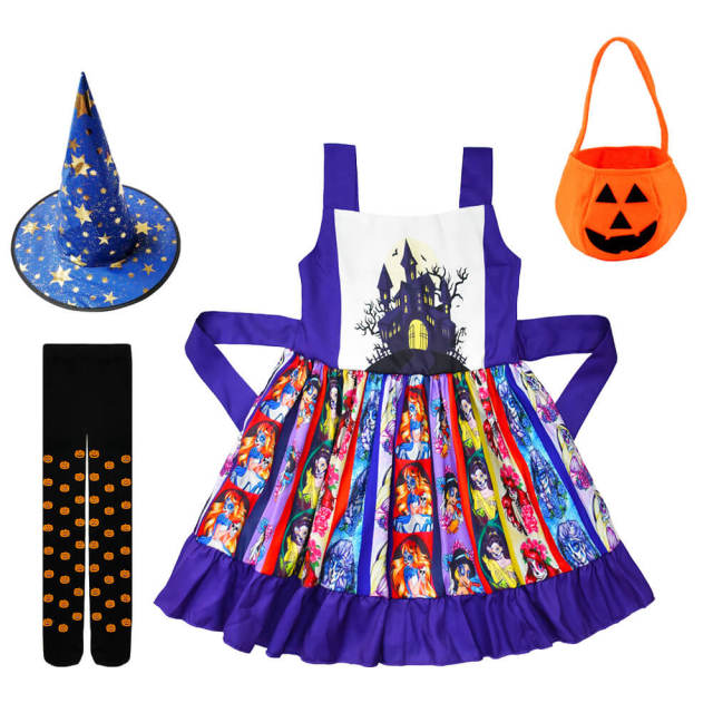 OOVOV Halloween Child Black Vampire Costume Carnival Party Girls Orange Pumpkin Witch Dress Up Toddler Ruffle Vest Print Casual Dress