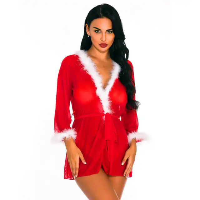 Women Christmas Lingerie Set Red Sexy Babydoll Long-sleeve Robe