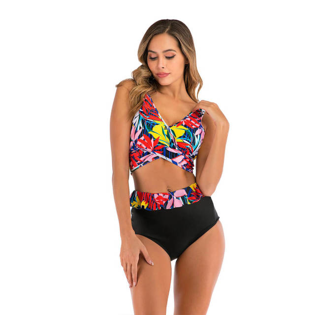 OOVOV High Waisted Bikini Swimsuit For Women,Womens Bathing Suits Push Up Cross Bandage Floral Printing Swim Two Piece Swimsuits