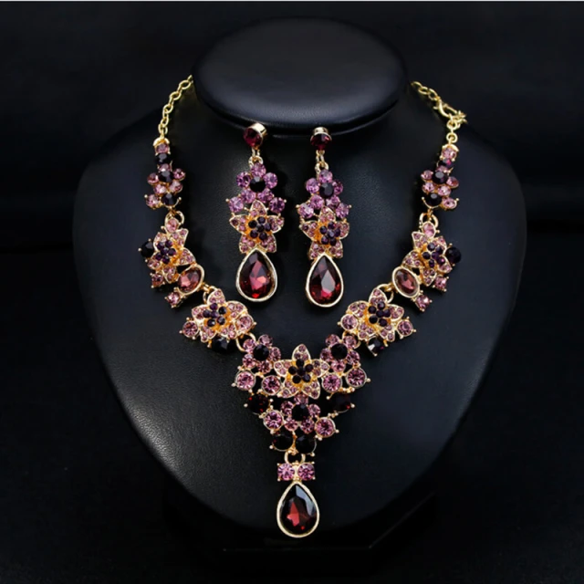 OOVOV Womens Zircon Elegant Bridal Floral Cluster Star Teardrop Statement Necklace Earrings Set