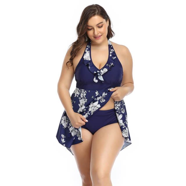 Summer Swimsuit Women Beach Sexy Print Irregular Hem Halter Swimming Dress Padded Ladies Swimwear Two Piece Tankini Plus Size