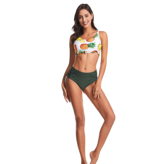 OOVOV Two Piece Womens Bathing Suits Triangle Swim Bottoms Pineapple Printed Halter High Waisted Bikini Swimsuits