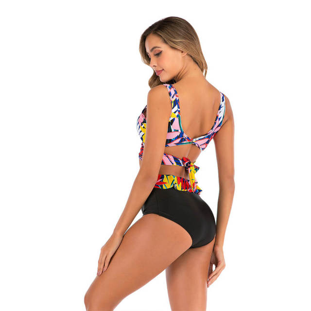 OOVOV High Waisted Bikini Swimsuit For Women,Womens Bathing Suits Push Up Cross Bandage Floral Printing Swim Two Piece Swimsuits