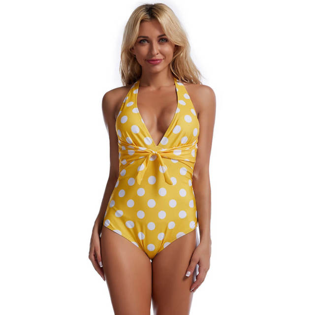 OOVOV One Piece Swimsuits For Women Tummy Control Ruched Swimwear Sexy Deep V-neck Dot Printed Swimsuit Bathing Suits