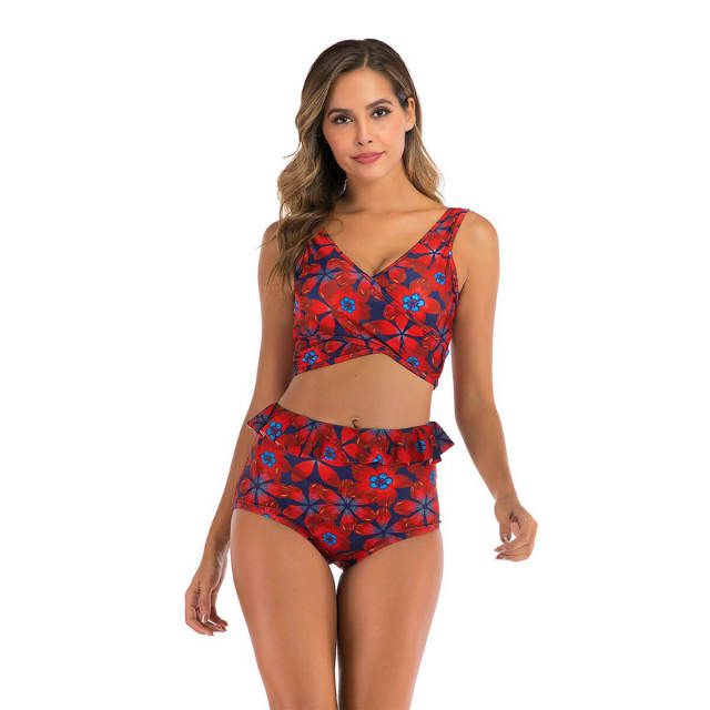 OOVOV High Waisted Bikini Swimsuit For Women,Womens Bathing Suits Push Up Cross Bandage Floral Printing Swim Two Piece Swimsuits