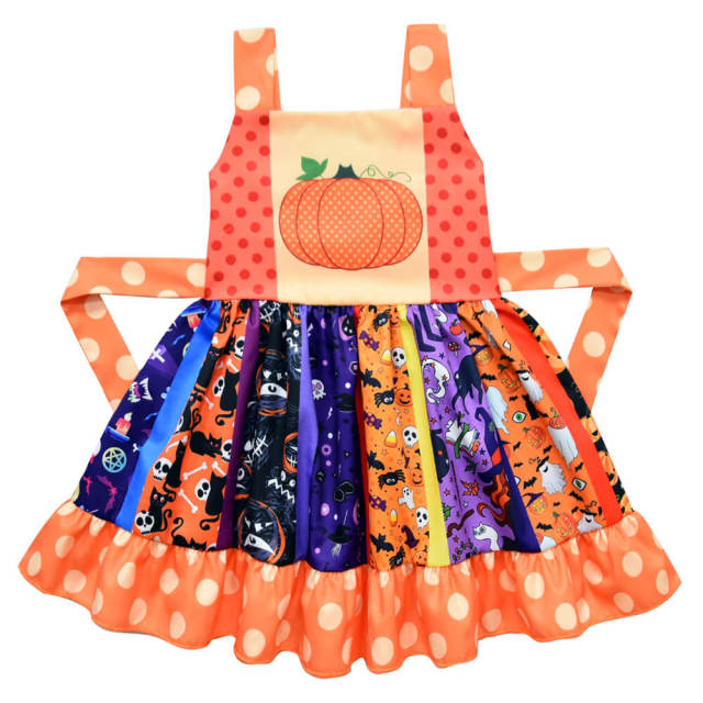 OOVOV Halloween Child Black Vampire Costume Carnival Party Girls Orange Pumpkin Witch Dress Up Toddler Ruffle Vest Print Casual Dress