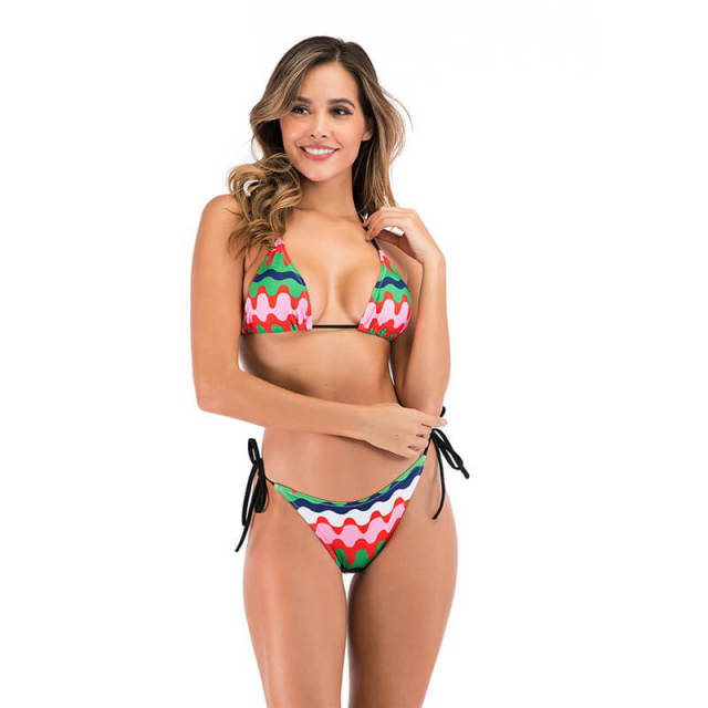 OOVOV Women's Tie Side Bottom Padded Top Triangle Bikini Bathing Suit Sexy Printed Tie Up Swimsuit