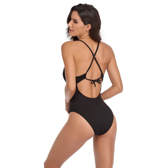 OOVOV Women’s One Piece Swimsuit,Sexy Deep V Neck Solid Bathing Suit,Tummy Control Cross Tie up Swimwear