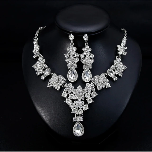 OOVOV Womens Zircon Elegant Bridal Floral Cluster Star Teardrop Statement Necklace Earrings Set