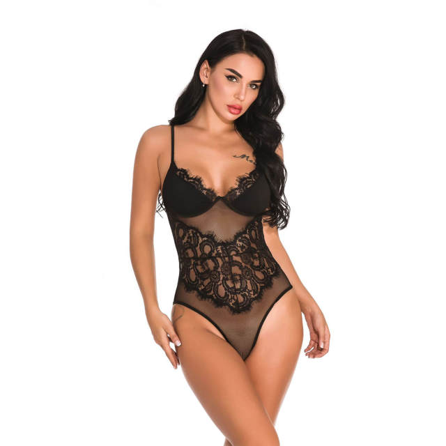 OOVOV Women Sexy Eyelash Lace Lingerie Bodysuit One Piece Sheer Mesh Teddy Babydoll