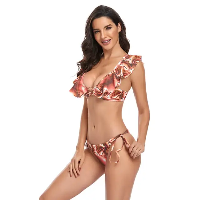 OOVOV Women's Sexy Leopard Bikini Set Women Two Piece Bathing Suit Ruffle Lace Up Front Swimwear Printed Beachwear