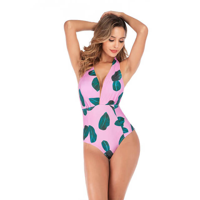 OOVOV Triangle One-piece Swimsuit For Women,Sexy Deep V-neck Halter Bathing Suit Tummy Control Printed Swimwear