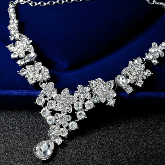 OOVOV Womens Zircon Elegant Bridal Floral Cluster Star Teardrop Statement Necklace Earrings Set