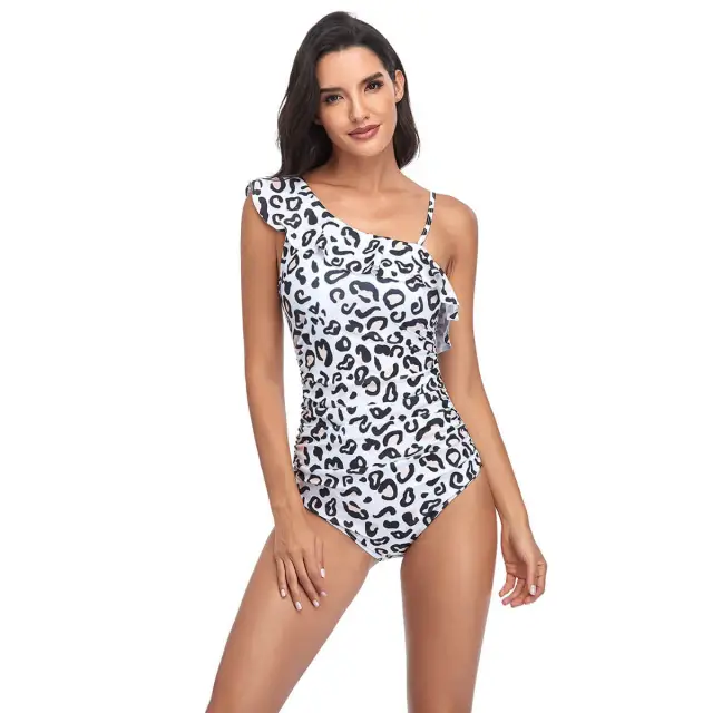 OOVOV Women One Piece Swimsuits One Shoulder Asymmetric Ruffle Tummy Control Ruched Leopard Print Swimwear