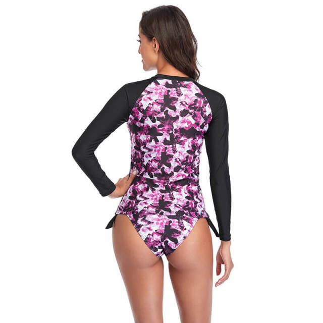 OOVOV Womens Rash Guard Sun Protection Swimsuit Long Sleeve Printing Tankini top with Tie Up Side Bottom Surfing Two Piece Bathing Suit