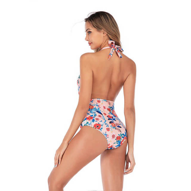 OOVOV Triangle One-piece Swimsuit For Women,Sexy Deep V-neck Halter Bathing Suit Tummy Control Printed Swimwear