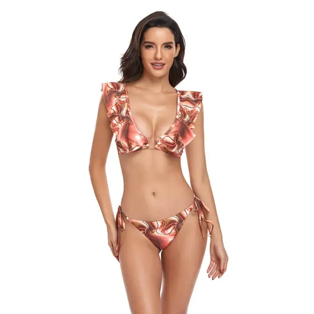 OOVOV Women's Sexy Leopard Bikini Set Women Two Piece Bathing Suit Ruffle Lace Up Front Swimwear Printed Beachwear