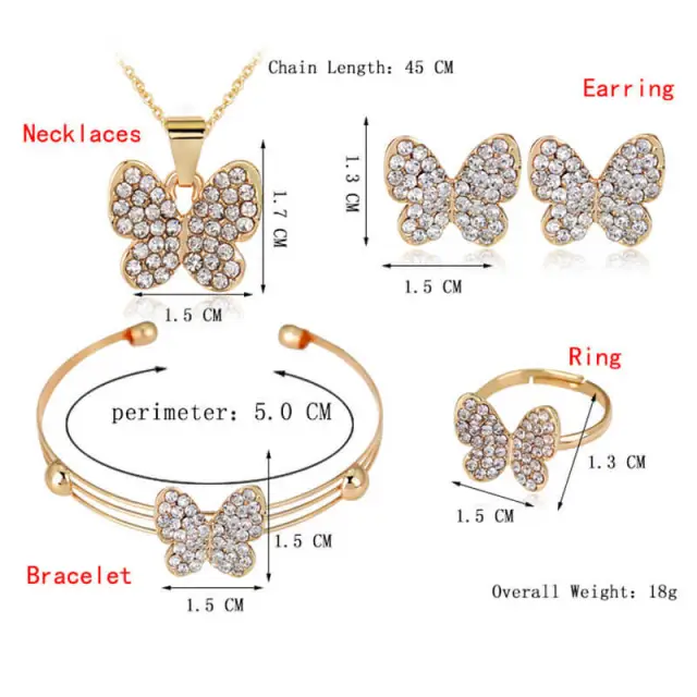 OOVOV Diamond Butterfly Jewelry Set For Women Necklace Earrings Ring Bracelet 4 PC Set