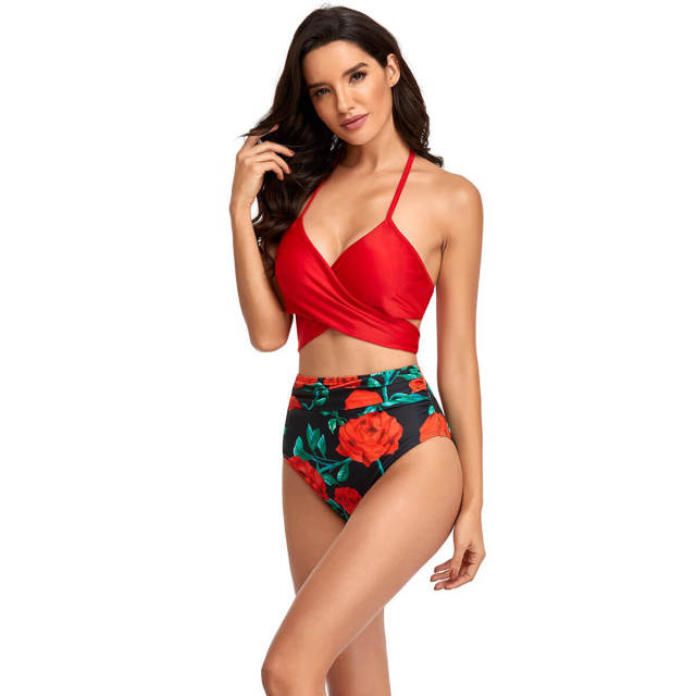 OOVOV High Waisted Swimsuit For Women,Push Up Cross Bandage Floral Printing Swim Two Piece Bikini Swimsuits