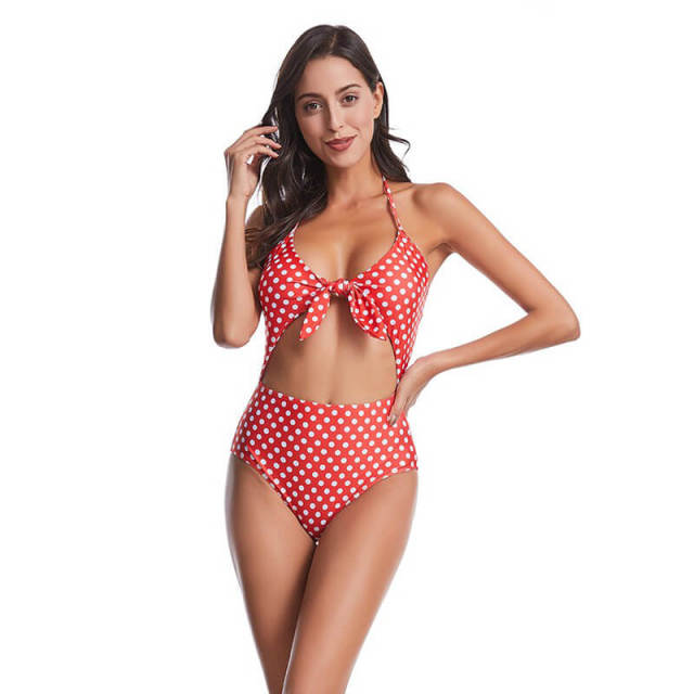 OOVOV Women's Polka Dot Printing Halter Cutout High Waist One Piece Swimsuit Tie Knot Front Bathing Suits