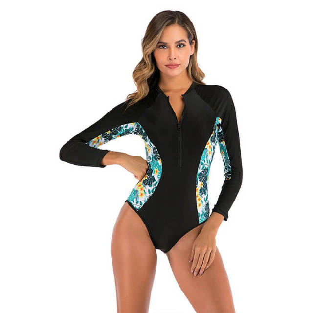 OOVOV Womens Long Sleeve Rash Guard Sun Protection Printing Zipper Surfing One Piece Swimsuit Bathing Suit