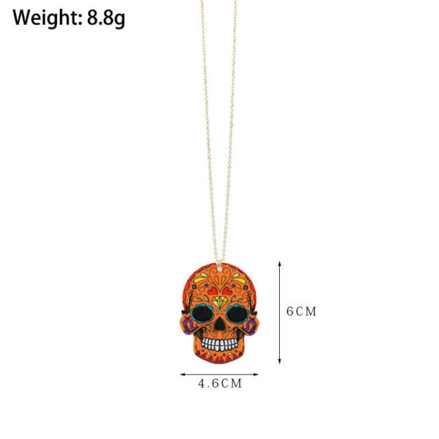 OOVOV Halloween Necklace Acrylic Print Skull Dangle Necklace Floral Skull Necklace Fashion Jewelry For Women Men